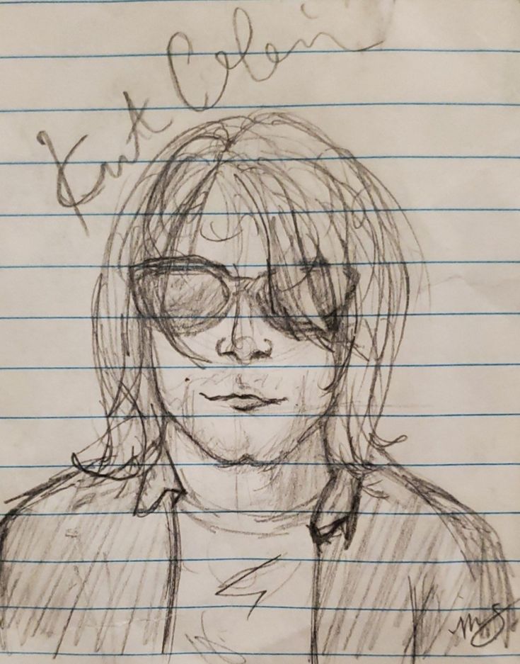 a drawing of a person with glasses and writing on lined paper