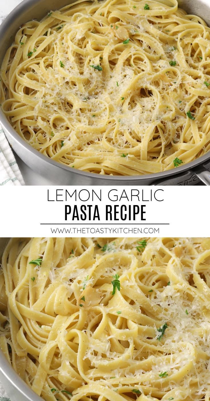 lemon garlic pasta in a pan with parmesan cheese