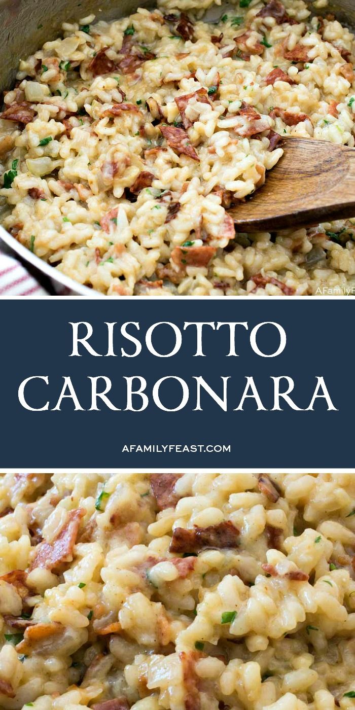 risotto carbonara with bacon and parsley in a skillet