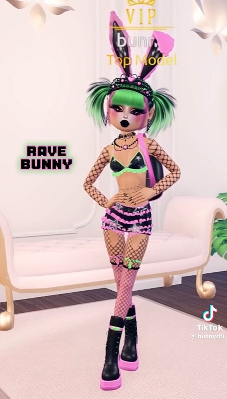 a very cute looking girl in some sort of outfit with bunny ears and green hair