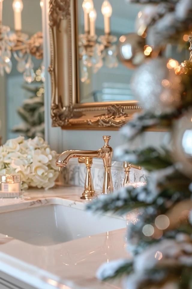 Festive Bathroom Decor Tips for Christmas Stocking Guest Bathroom, Christmas Powder Room Decor, Bathroom Christmas Tree, Powder Room Christmas Decor, Christmas Powder Room, Xmas Bathroom Decor, Bathroom Christmas Decor, Decorate A Bathroom, Winter Bathroom