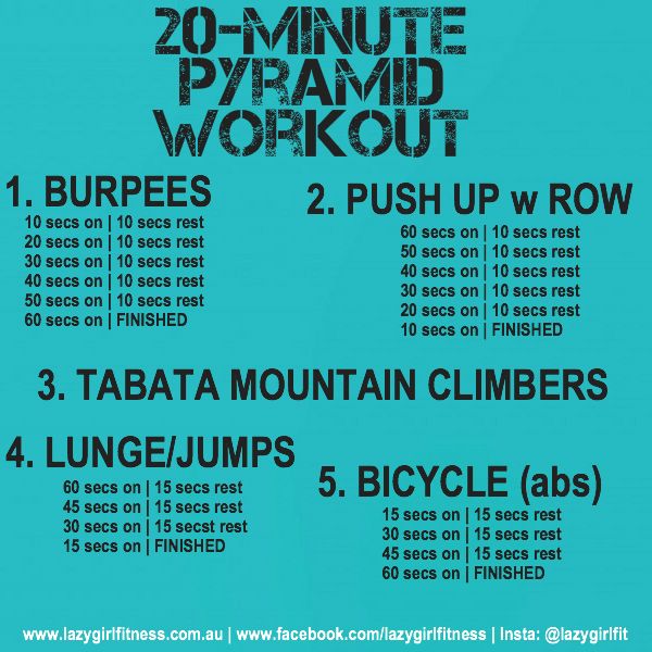 the 20 - minute pyramid workout poster is shown in black and blue, as well as instructions for how to do it