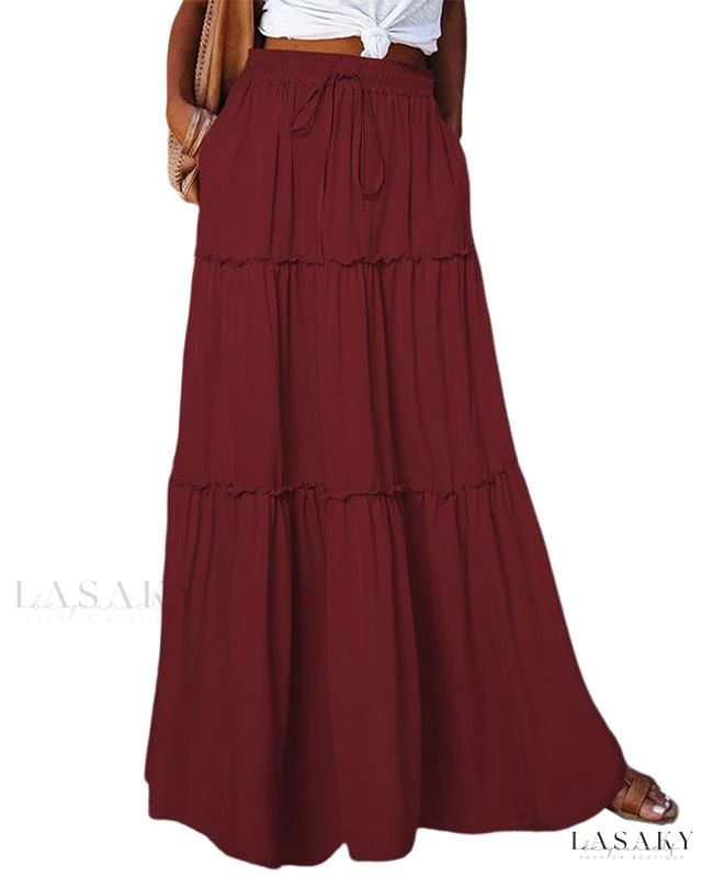 Lasaky - Elegant Chiffon Pleated Maxi Skirt with Ruffled Hem - A Timeless Essential in Solid Color Floor Length Maxi Skirt, Long A Line Skirt, Leaf Skirt, Long Chiffon Skirt, Long Flowy Skirt, Tiered Midi Skirt, Maxi Rok, Maxi Skirt Boho, Pleated Long Skirt