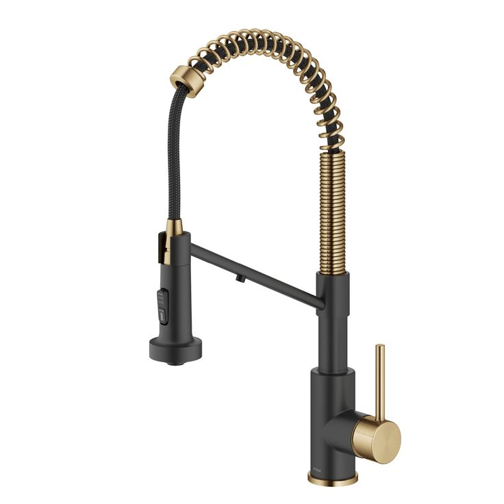 the kitchen faucet is shown in gold and black with an exposed spout