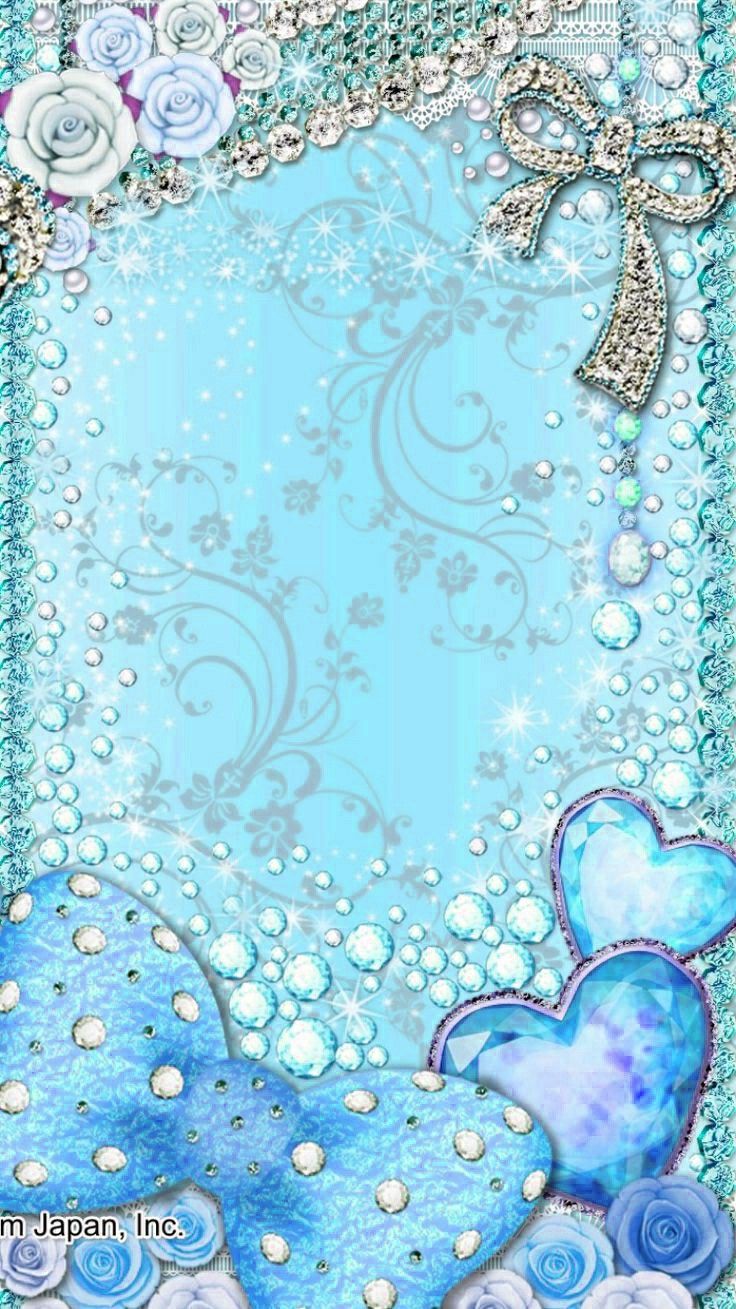 a blue frame with flowers and hearts on it's sides, surrounded by pearls