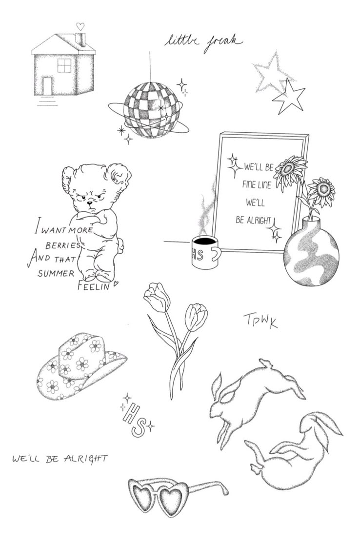 a drawing of various things that are in black and white, including a teddy bear