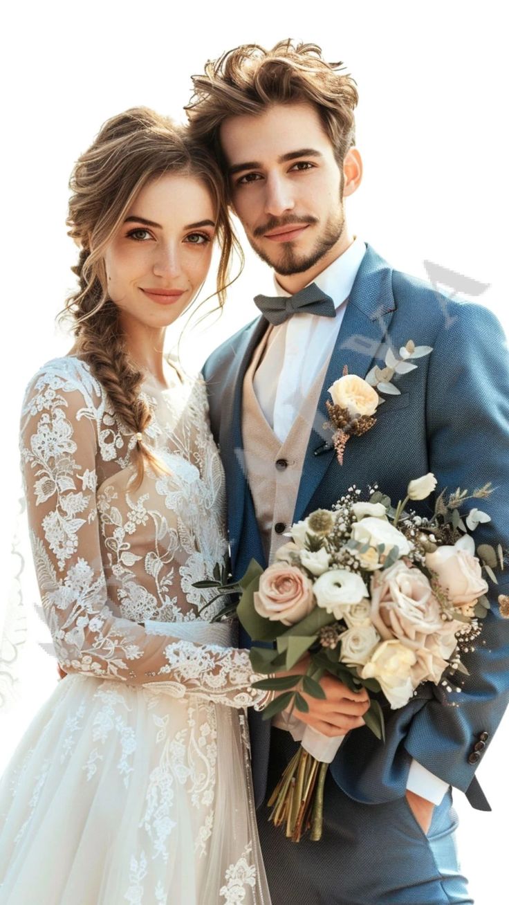 a bride and groom pose for a wedding photo in their tuxedo, lace dress