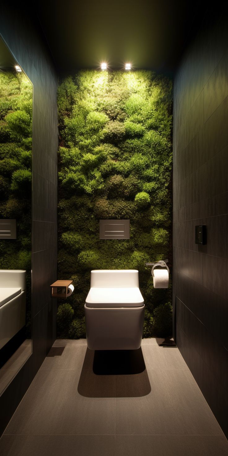 A modern and organic toilet design, featuring a striking moss wall feature that infuses the space with natural texture and calming greenery. This pin showcases the perfect combination of nature and modernity, creating a unique and inspiring feature that captures the attention and admiration of all who see it. Mos Wand, Organic Interior Design, Small Downstairs Toilet, Kids Bedroom Wall Decor, Organic Interior, Home Decor Ideas Kitchen, Home Decor Apartment, Wc Design, Decor Ideas Kitchen