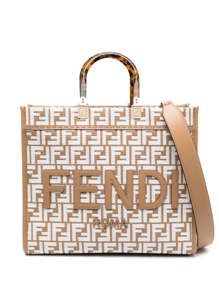 camel brown/ivory white raffia woven raffia design leather trim embroidered FF motif appliqué logo two top handles tortoiseshell effect detachable shoulder strap open top main compartment Fendi Boston Bag, Mens Designer Loafers, Fendi Tote Bag, Fendi By The Way, Raffia Tote Bag, Fendi Monster, Canvas Leather Tote Bag, Fendi Tote, Fendi Vintage