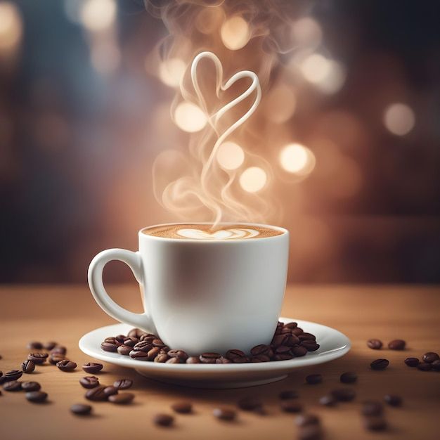 a cup of coffee on a saucer with steam rising out of it and beans scattered around