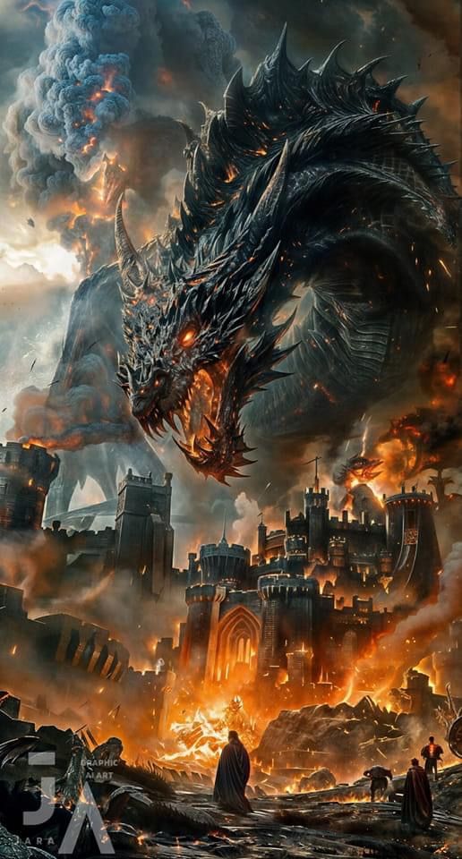 a large dragon flying over a city on top of a fire filled sky with clouds