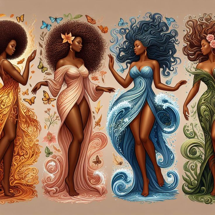 four beautiful women in different colored dresses with butterflies on their backs and wings, all standing side by side