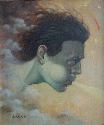 a painting of a woman's head with clouds in the background and sun shining through her hair