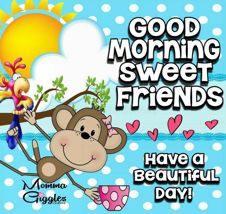 good morning sweet friends have a beautiful day greeting card with monkey and bird on tree branch