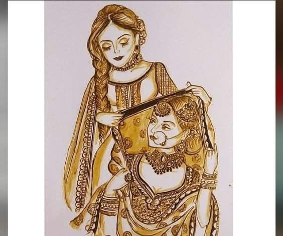 a drawing of a woman holding a child in her arms and wearing a tiara