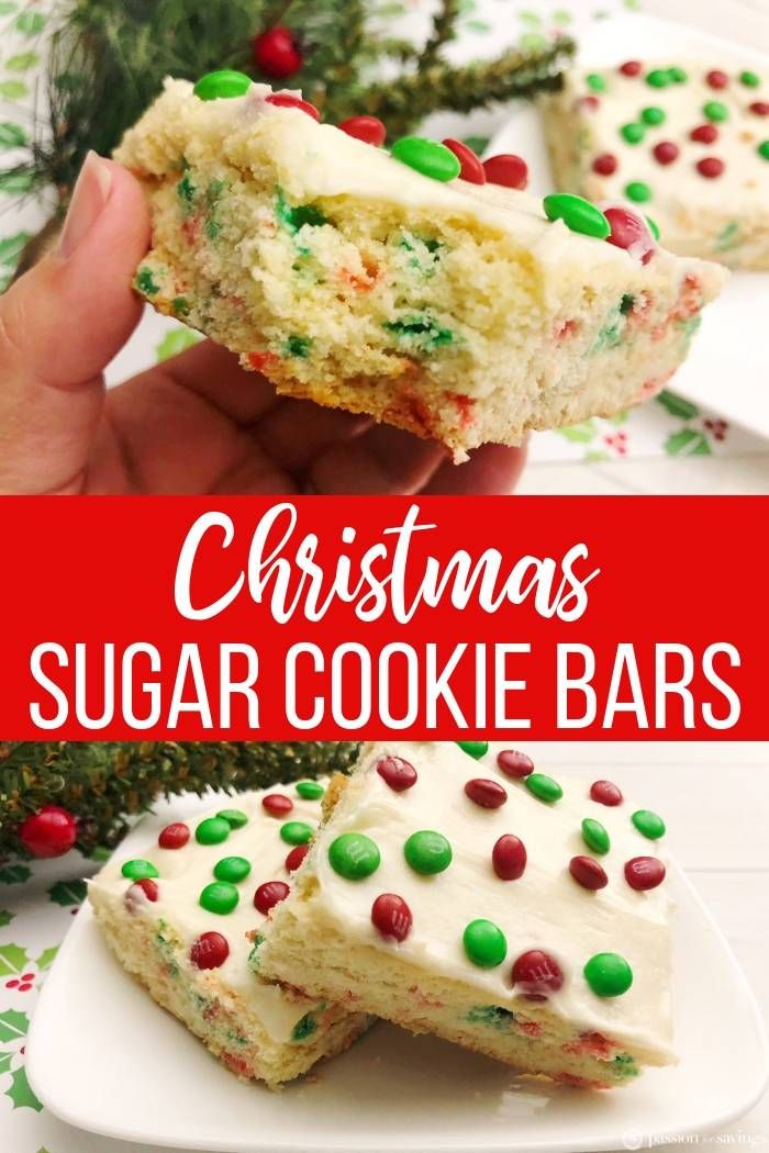 christmas sugar cookie bars with white frosting and green sprinkles on top