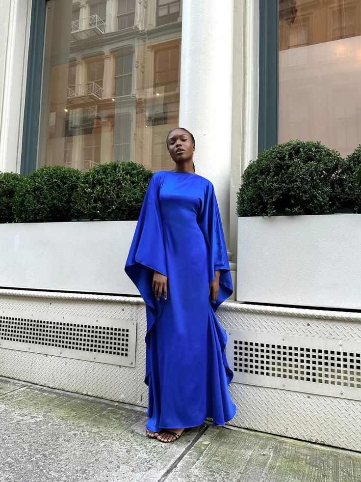 Sapphire Satin Kaftan Dress – Esmé New York Wedding Guest Dress Arab, Wedding Guest Abaya, Satin Kaftan Dress, Arab Clothes, Satin Kaftan, Sapphire Dress, Modest Formal Dresses, Moroccan Dress, Abaya Dress