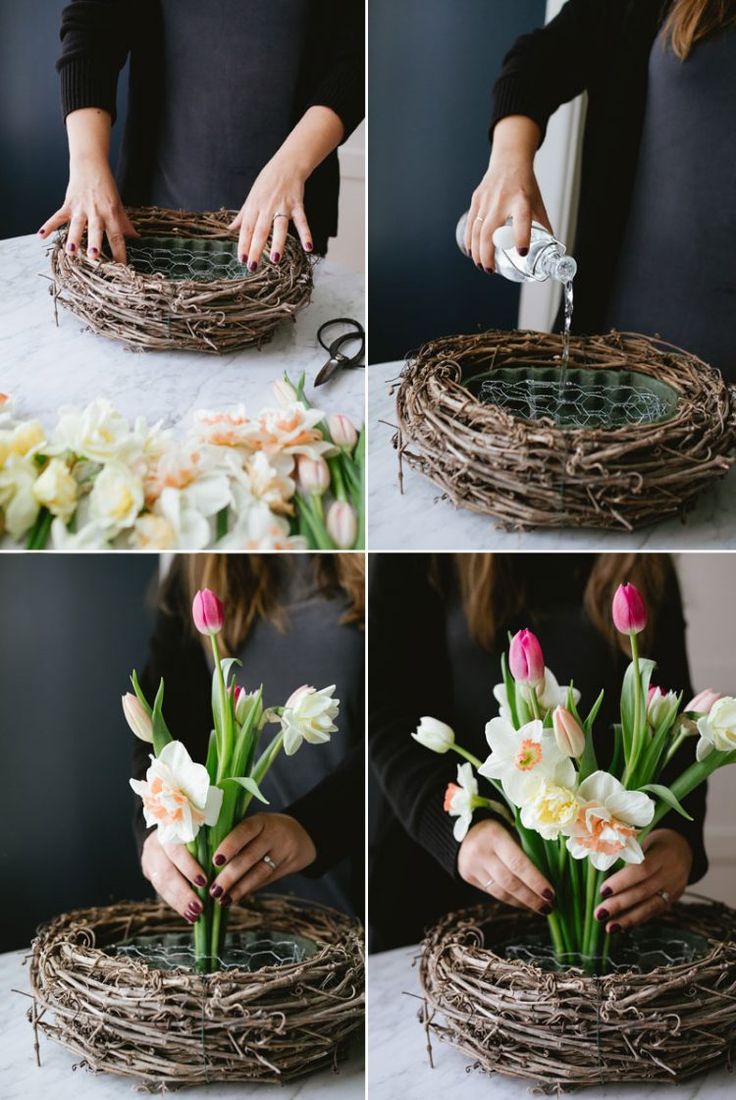 the process of making a flower arrangement with twigs and tulips in different stages