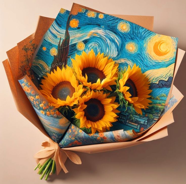 a bouquet of sunflowers wrapped in brown paper