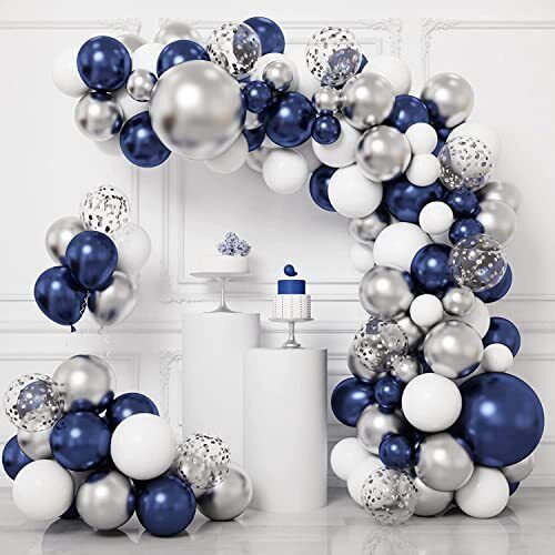 a balloon arch with blue and white balloons in the shape of the letter e is surrounded by silver and white balloons