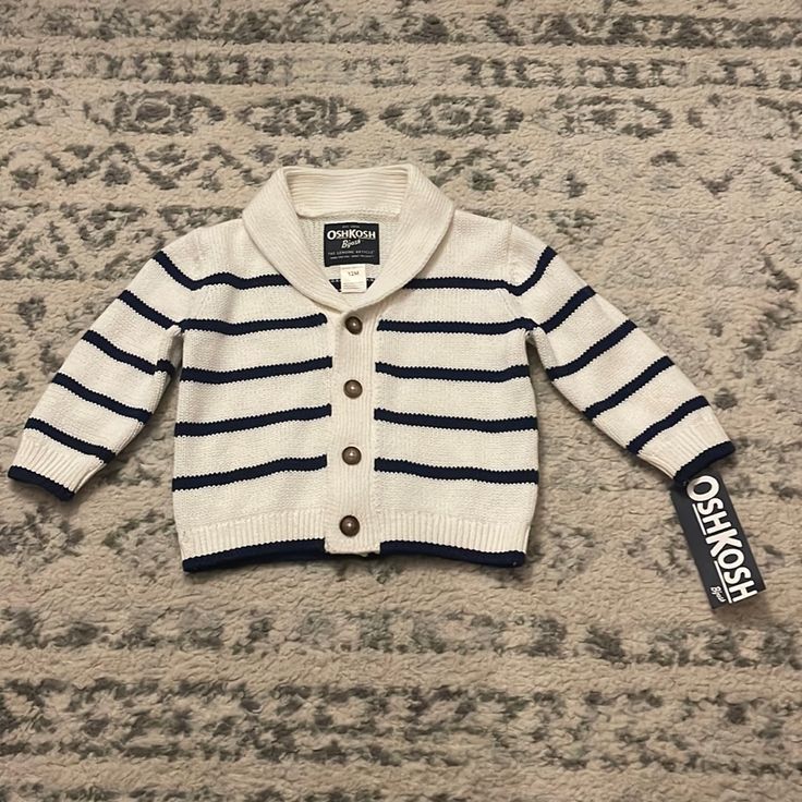 Nwt Oshkosh Boys 12 Month Cream Cardigan Sweater With Navy Blue Stripes. Perfect For The Hamptons! Casual Cotton Cardigan For Playtime, White Long Sleeve Cardigan For Playtime, Cream Sweater Cardigan, Cream Cardigan, Button Up Cardigan, Cardigan Tops, Blue Cream, Colorful Sweaters, Cardigan Sweater