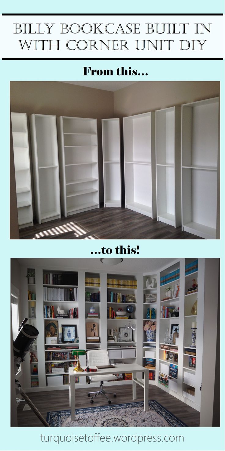 the before and after shots of a bookcase built in with corner unit diy