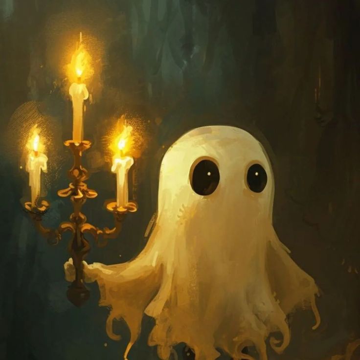 a painting of a white ghost with four candles in it's mouth and eyes