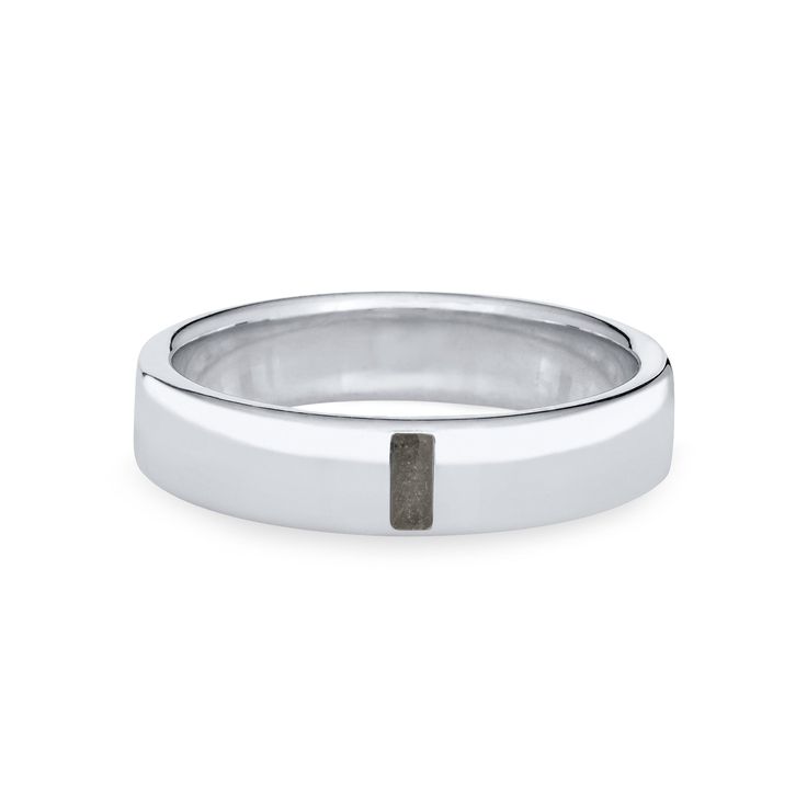 Front view of Close By Me's Men's Simple Band Cremation Ring in 14K White Gold against a solid white background. Minimalist Formal Bands With Polished Edges, Minimalist Bands With Smooth Bezel For Formal Occasions, Minimalist Formal Bands With Smooth Bezel, Minimalist Platinum Ring With Round Band, Modern Stackable Signet Ring For Formal Events, Modern 14k White Gold Round Band Rings, Platinum Stackable Rings For Promise, Timeless White Gold Bands With Polished Edges, Minimalist Platinum Jewelry For Anniversary