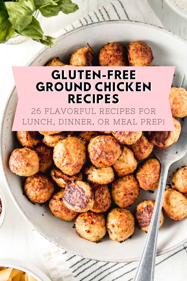 gluten - free ground chicken recipe in a white bowl with a pink border