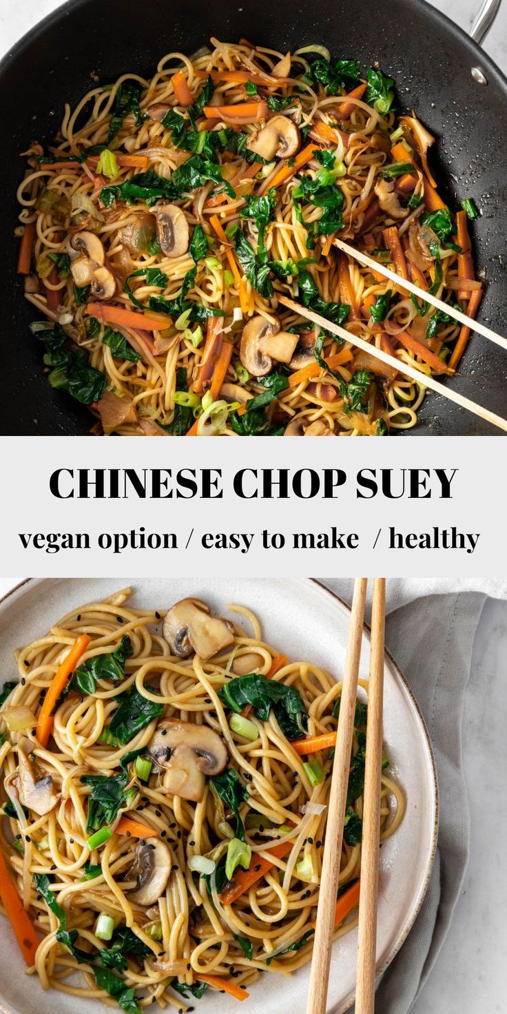 a plate with noodles, vegetables and chopsticks in it