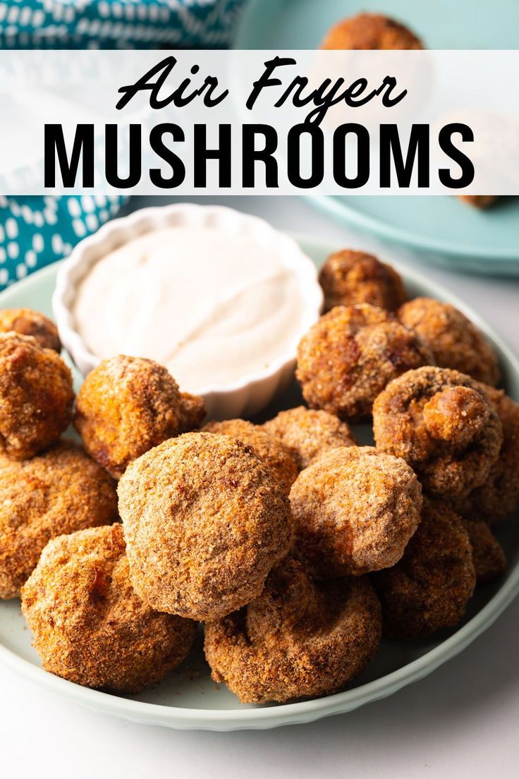 air fryer mushrooms on a plate with ranch dip