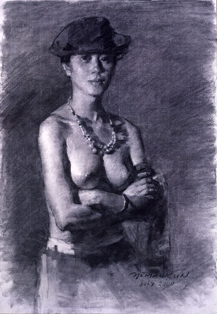 a black and white drawing of a woman with her arms crossed, wearing a hat