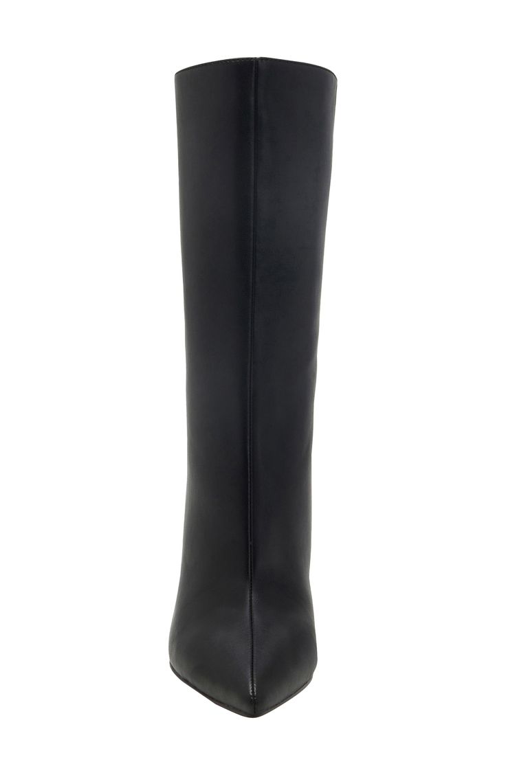 A pointy toe and stiletto heel balance a striking boot that will complement your trendsetting ensembles. 3 1/2" heel 9 1/4" shaft; 13 3/4" calf circumference Pull-on style with elastic gore inset Synthetic upper and lining/synthetic and rubber sole Imported Tall Heeled Boots With Pointed Toe In Faux Leather, Office Heeled Boots With Pointed Toe And High Fit, Tall Heeled Boots With Pointed Toe For Office, Office Heeled Boots With Pointed Toe, Wide Calf Knee-high Boots With Sculpted Heel, Elegant Tall Boots For Party, Evening Heeled Boots With Pointed Toe, Wide Calf High Shaft Heeled Boots With Reinforced Heel, Elegant Formal Platform Boots With 4-inch Heel