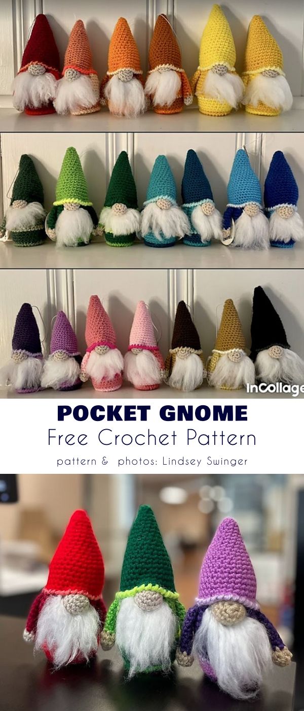 crocheted gnomes are lined up on shelves in different colors and sizes, with text overlay that reads pocket gnome free crochet pattern