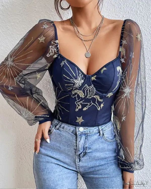 Lasaky - Embroidered Sheer Mesh Puff Sleeve Crop Top Top Perspective, Babe T Shirt, Streetwear Chic, Bodycon Tops, Streetwear Mode, Puff Sleeve Crop Top, Vegan Leather Jacket, Chic Blouses, Cropped Tops