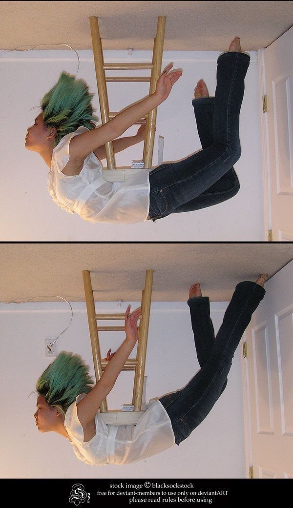 two pictures of a woman with green hair on top of a ladder