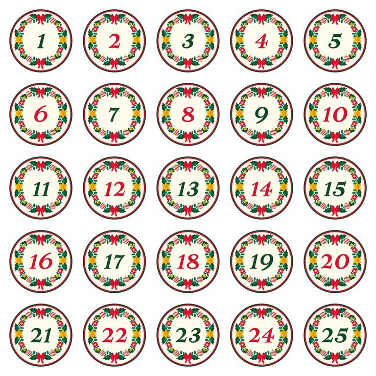 a set of twelve christmas themed numbered labels with numbers and wreaths on the sides