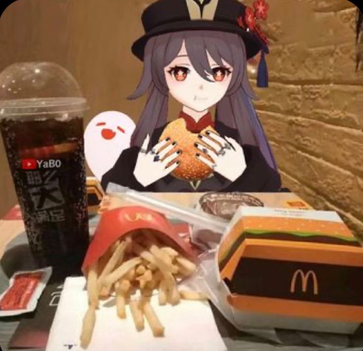 an anime character is eating french fries at a fast food restaurant