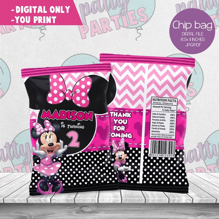 two pink minnie mouse party bags with polka dots