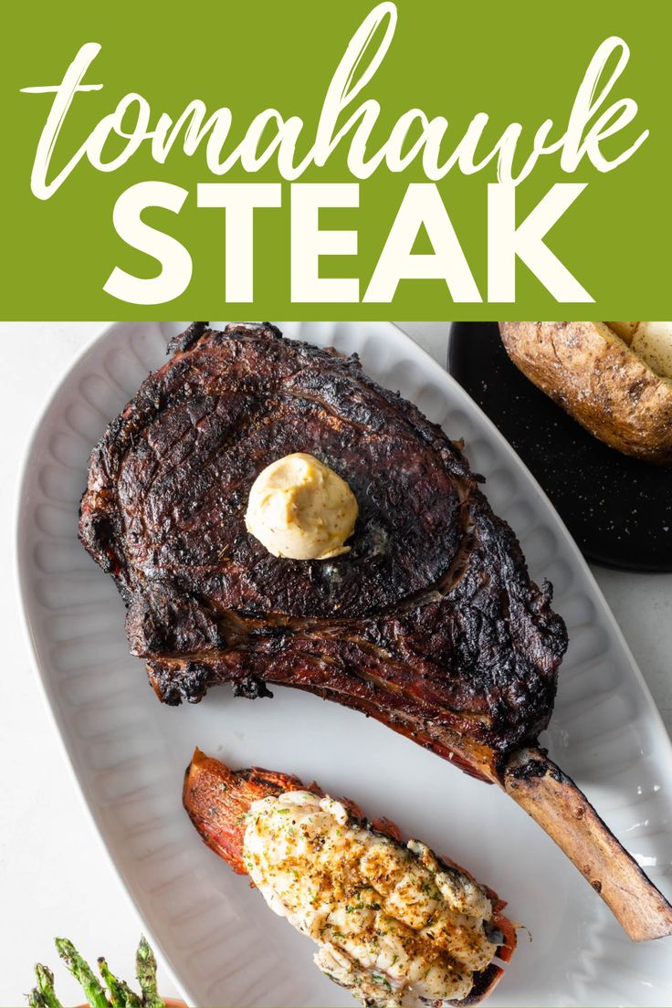 the steak is served on a plate with potatoes and asparagus next to it