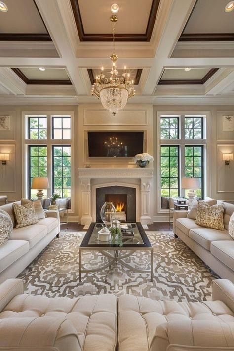 a living room filled with furniture and a fire place in the middle of a room