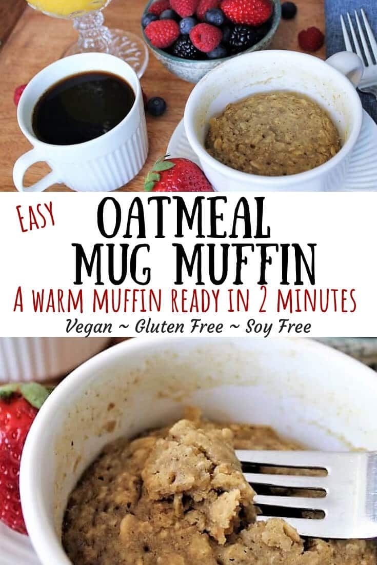 oatmeal muffin in a white bowl with strawberries and coffee on the side