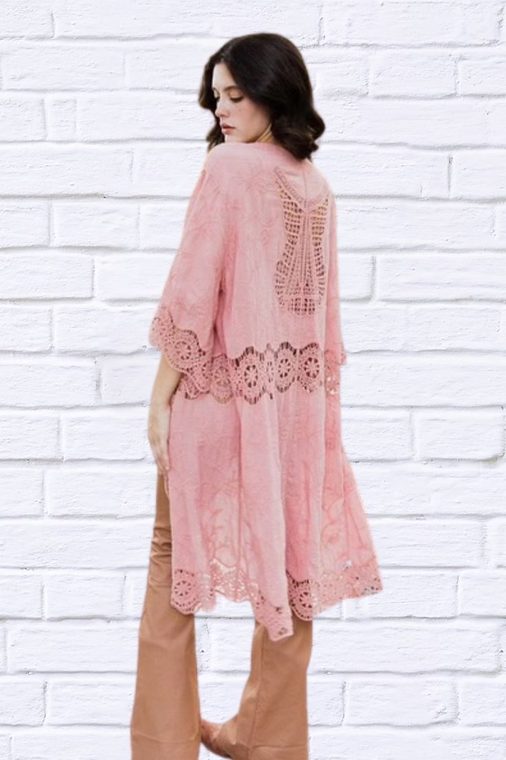 Crochet Open Patch Longline KimonoImmediate ShippingOne Size Fits MostSizes 0-12Length: 44 inBust: 23.5 inArmhole: 11 inSleeve Length: 16 inSleeve Opening: 11 in Style: Casual Print / Pattern: Solid/ Cut Out Fit: Reegular Sleeve: 3/4 Length: Knee Length Closure: Open Lining: No Made In: ChinaFabric Contents: 100% Cotton Stretch fabric Non-sheer fabric Size Measurement (inch):One Size: 23.5 (Bust), null (Waist), null (Hips), 44.0 (Length) Stretch Open Knit Cover-up For Spring, Casual Crochet Lace Cover-up For Spring, Spring Casual Crochet Lace Cover-up, Fitted Crochet Trim Cardigan For Summer, Fitted Summer Cardigan With Crochet Trim, Summer Fitted Cardigan With Crochet Trim, Spring Bohemian Short Sleeve Cardigan, Pink Open Knit Summer Cardigan, Summer Pink Open Knit Cardigan