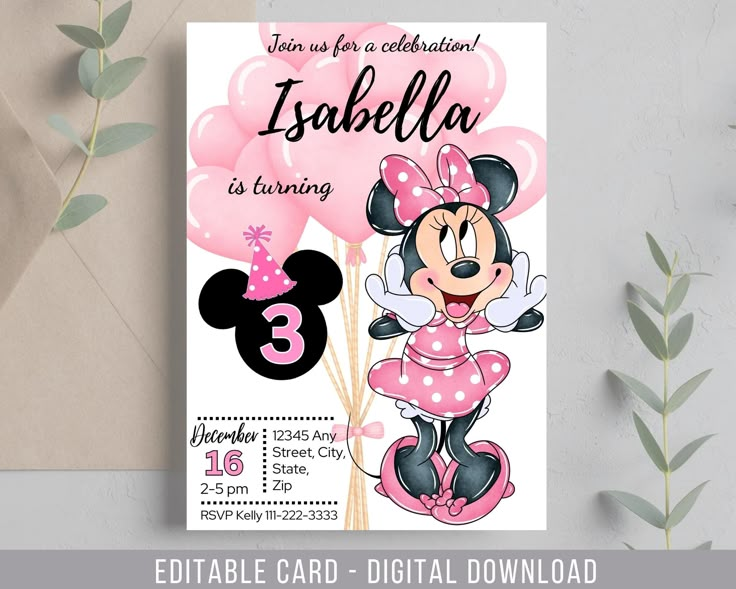 minnie mouse birthday party card with balloons