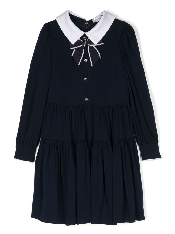 navy blue stretch-design spread collar bow detailing crystal-embellished decorative button detailing long sleeves buttoned cuffs ruffled detailing flared skirt unlined rear button and zip fastening Dress With Jean Jacket, Teen Boy Outfits, Girls Casual Dresses, Gucci Kids, Dolce And Gabbana Kids, Flared Dress, Vestido Casual, Stella Mccartney Kids, Flared Skirt