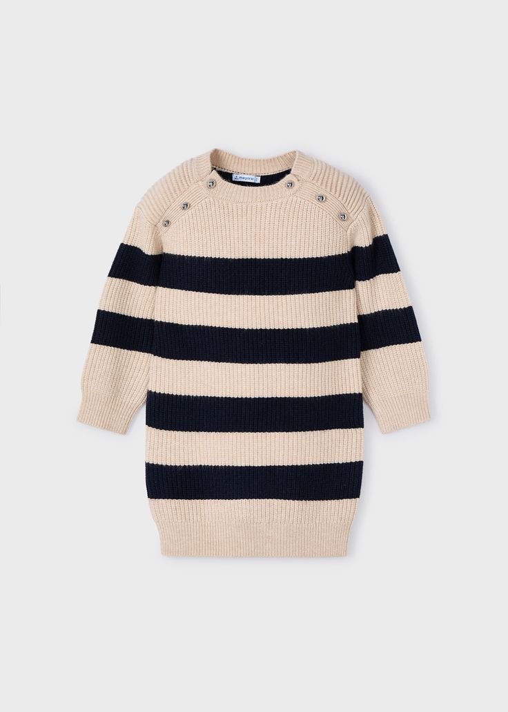 Striped knit dress for girls Navy blue | Mayoral ® Trendy Knit Midi Length Dress, Chic Ribbed Knit Dresses, Textured Knit Long Sleeve Dress, Chic Knit Midi Length Sweater, Chic Long Knit Sweater, Textured Knit Dress With Long Sleeves, Chic Midi-length Knit Sweater, Chic Midi Length Knit Sweater, Chic Knit Dress For Work