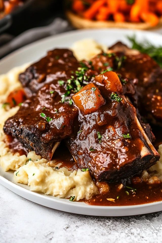 a white plate topped with meat and potatoes covered in gravy on top of mashed potatoes