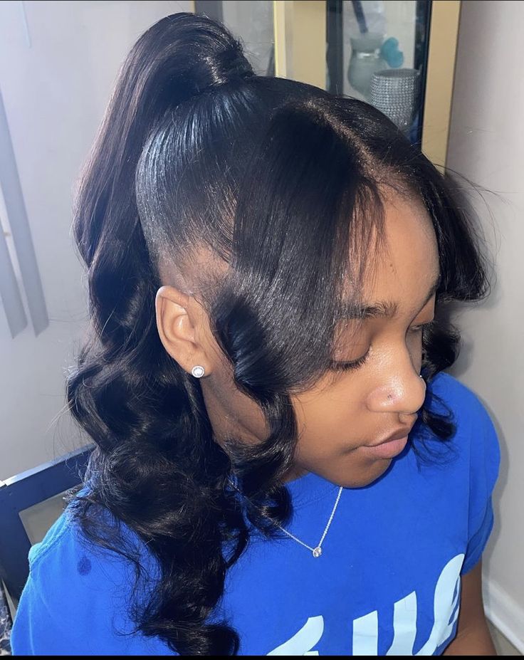 Two Curls In Front With Ponytail, 5th Grade Graduation Hairstyles, Braided Frontal Ponytail, Teen Ponytail Hairstyles Black, Black Teen Girl Hairstyles, Middle School Hairstyles Black, School Dance Hairstyles, Straight Ponytail Hairstyles, Weave Ponytail Hairstyles