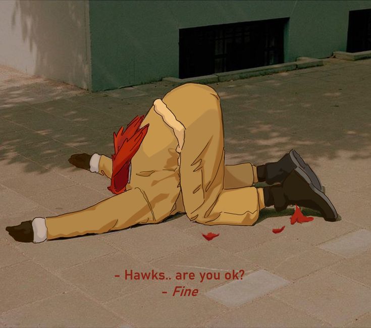 a man laying on the ground next to a building with words written below him that read hawks, are you ok? fine