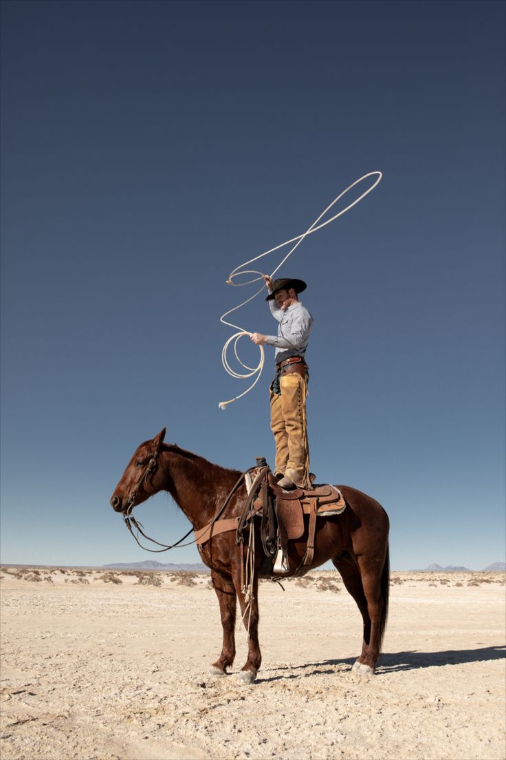 a man riding on the back of a brown horse with a lasso in his hand